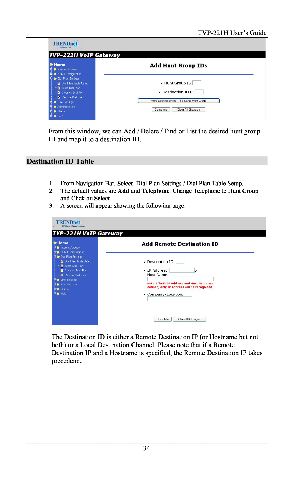 TRENDnet TVP- 221H, VoIP Gateway manual Destination ID Table 