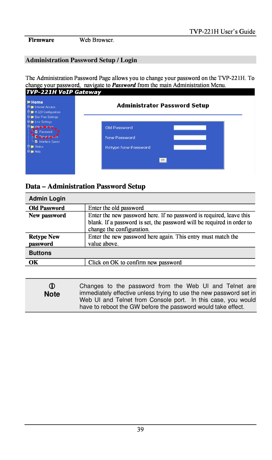 TRENDnet VoIP Gateway Data - Administration Password Setup, Administration Password Setup / Login, Admin Login, Buttons 