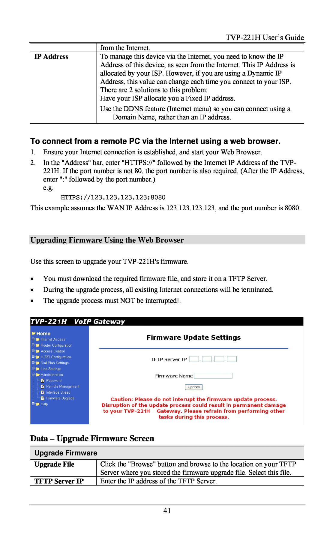 TRENDnet VoIP Gateway Data - Upgrade Firmware Screen, To connect from a remote PC via the Internet using a web browser 