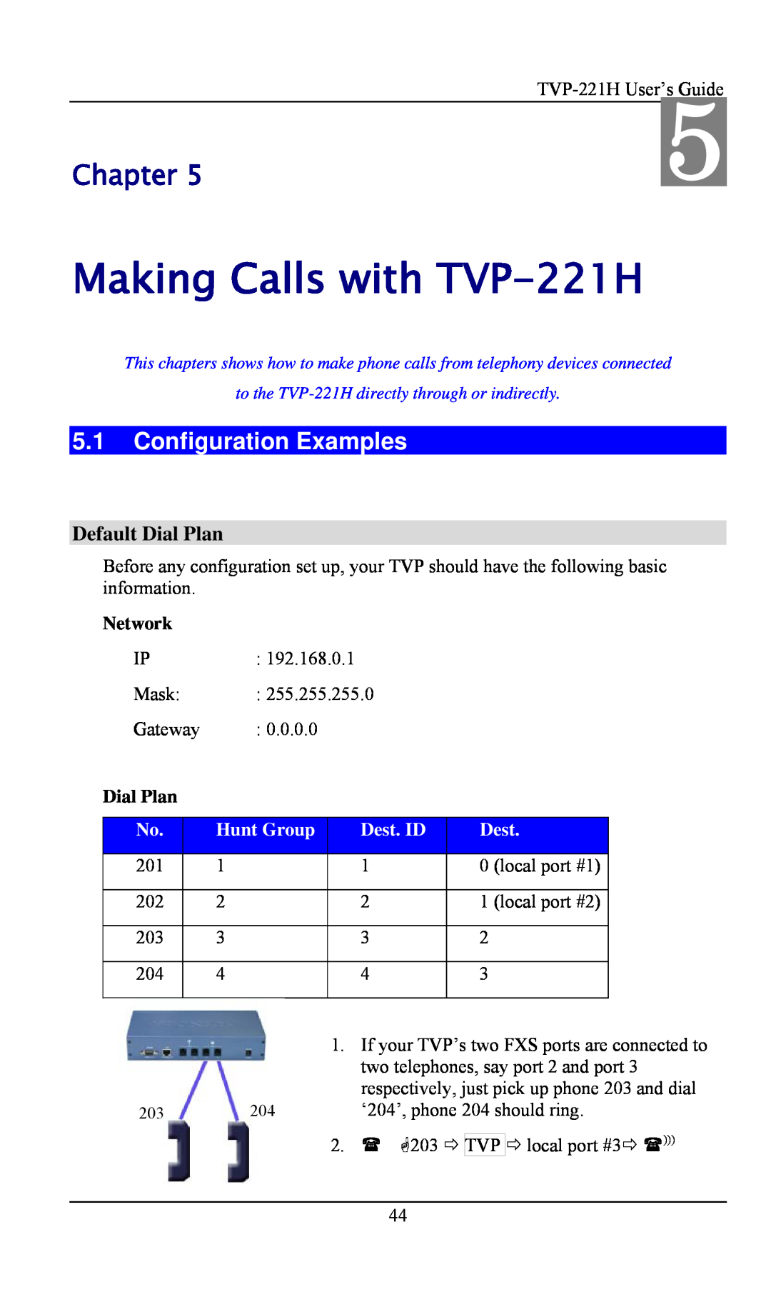 TRENDnet TVP- 221H Making Calls with TVP-221H, Configuration Examples, Default Dial Plan, Chapter, Network, Hunt Group 