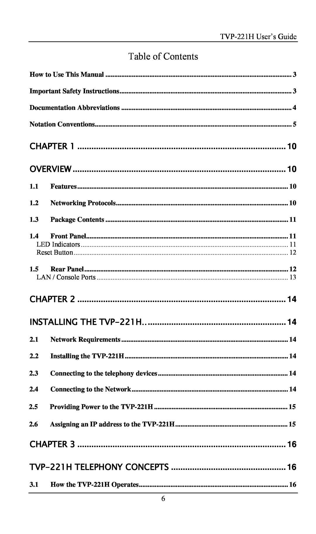 TRENDnet TVP- 221H, VoIP Gateway manual Table of Contents, TVP-221H User’s Guide, Chapter, Overview, INSTALLING THE TVP-221H 