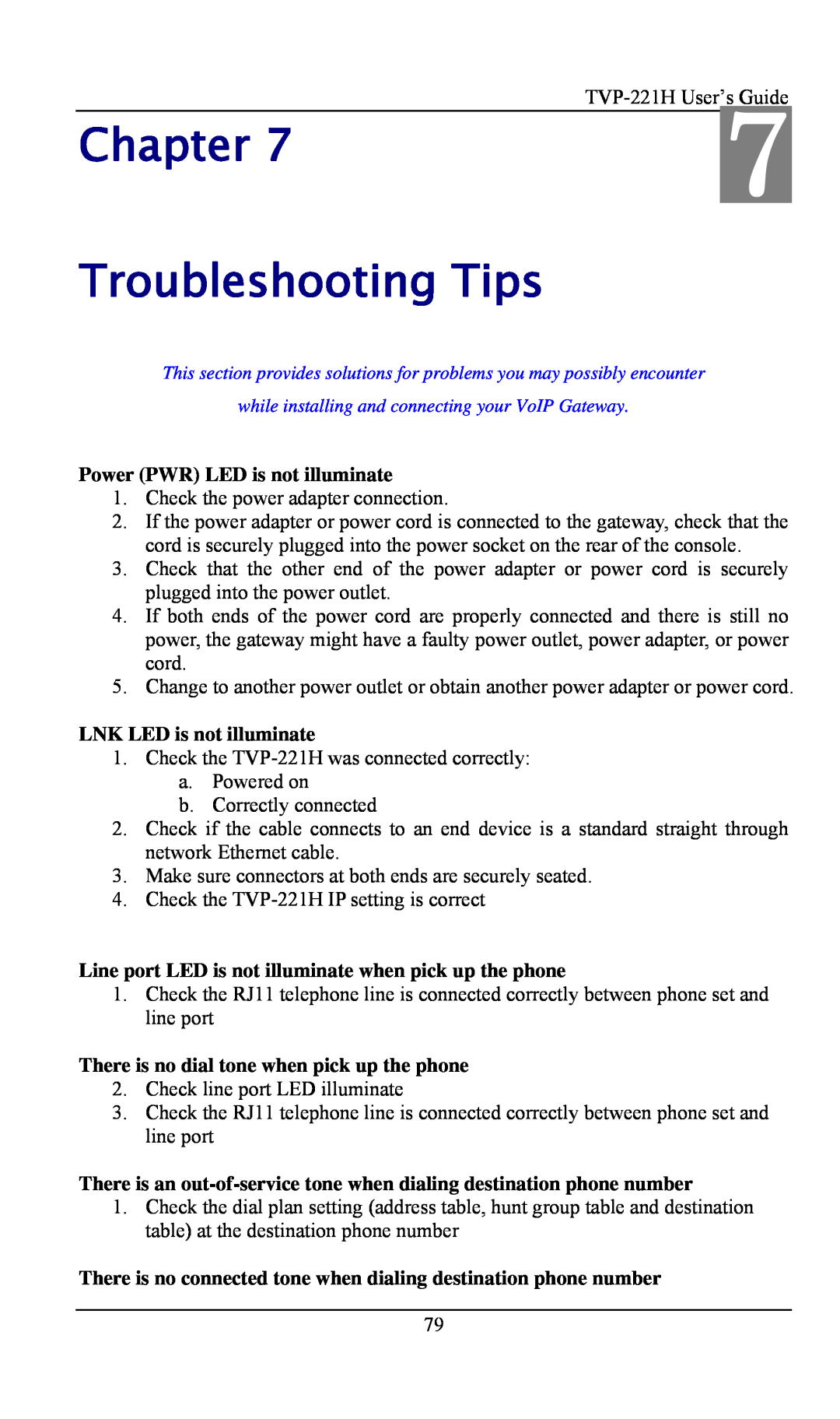 TRENDnet VoIP Gateway, TVP- 221H Chapter Troubleshooting Tips, Power PWR LED is not illuminate, LNK LED is not illuminate 