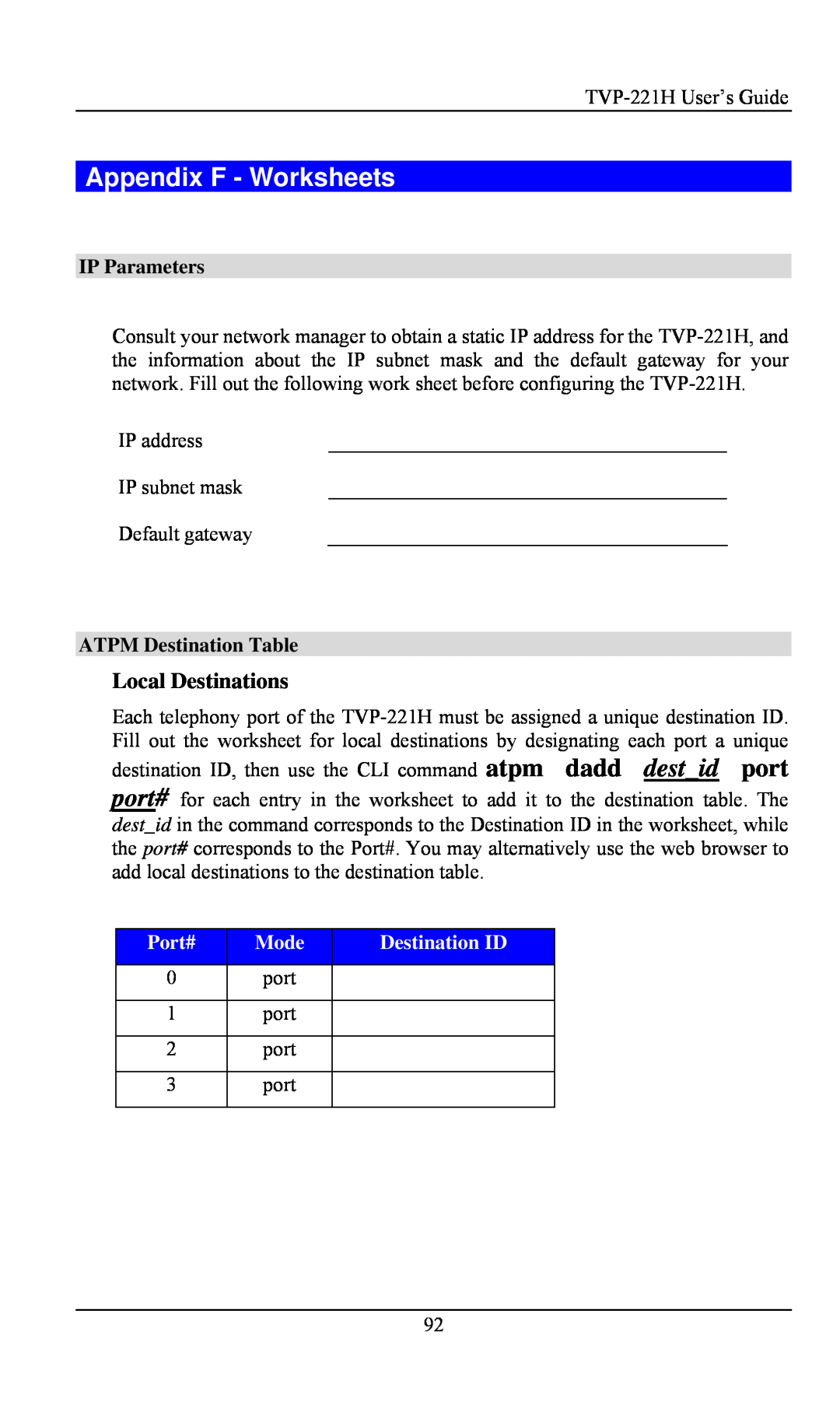 TRENDnet TVP- 221H manual Appendix F - Worksheets, Local Destinations, IP Parameters, ATPM Destination Table, Port#, Mode 