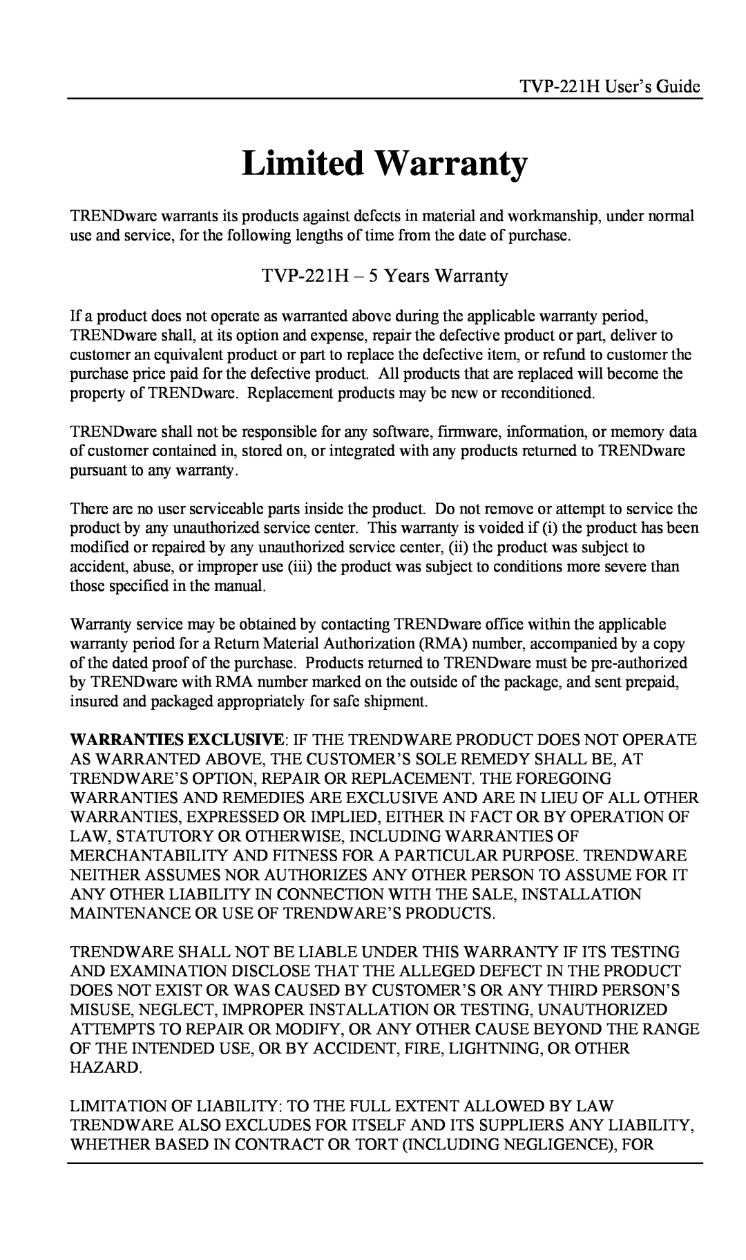 TRENDnet TVP- 221H, VoIP Gateway manual Limited Warranty, TVP-221H - 5 Years Warranty 