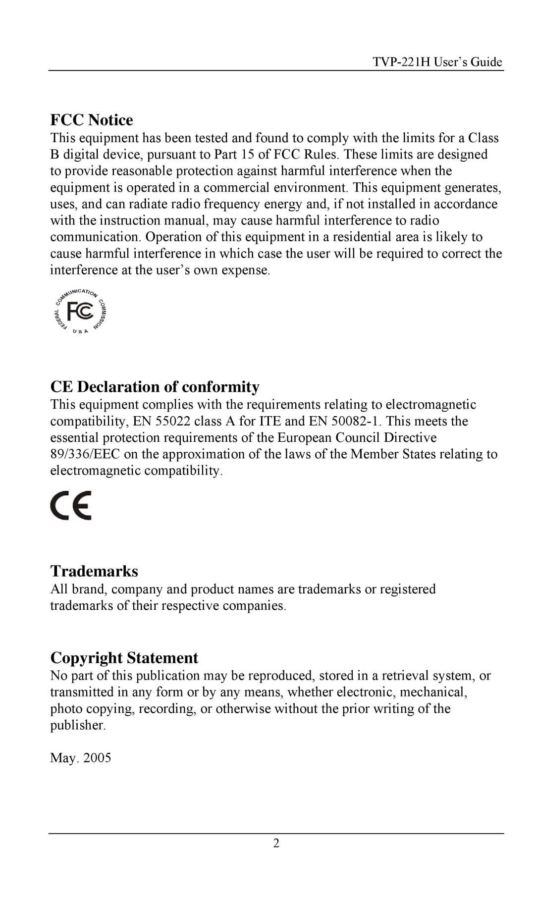 TRENDnet TVP- 221H, VoIP Gateway manual FCC Notice CE Declaration of conformity 