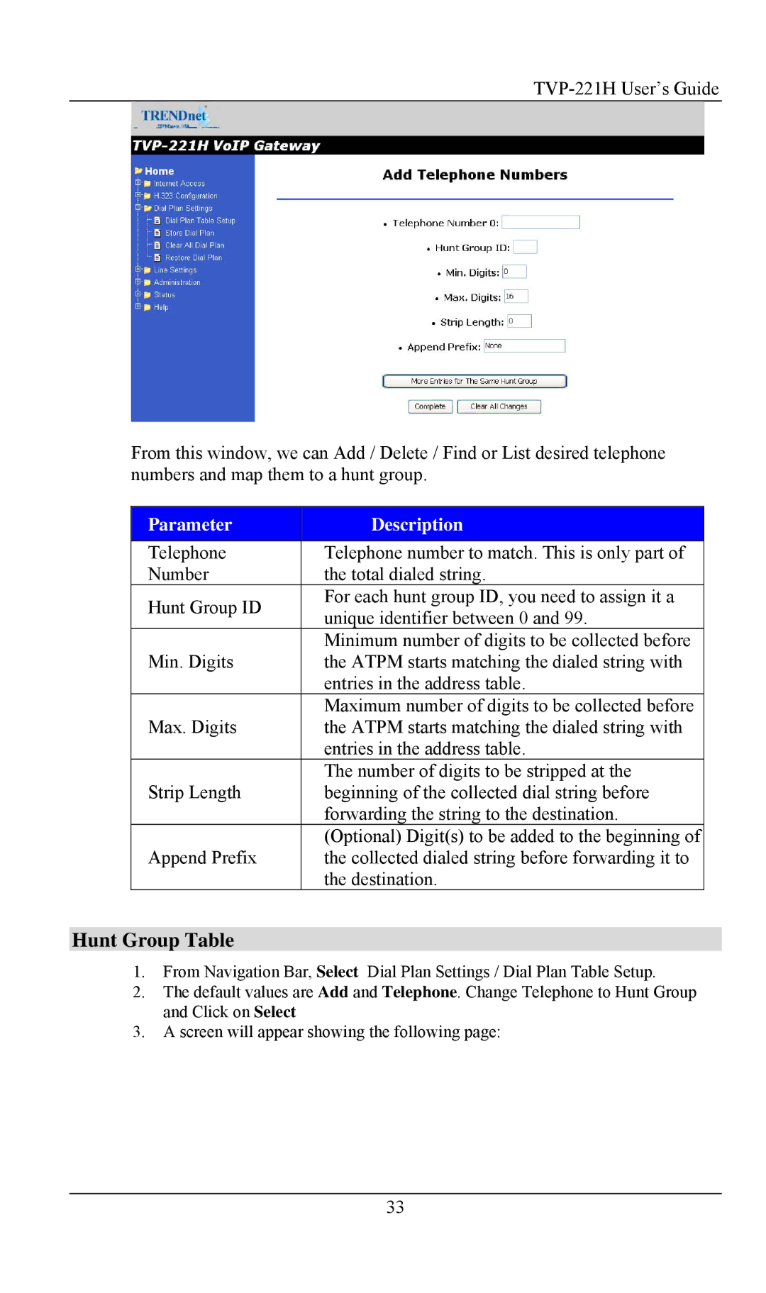 TRENDnet VoIP Gateway, TVP- 221H manual Hunt Group Table, Parameter Description 