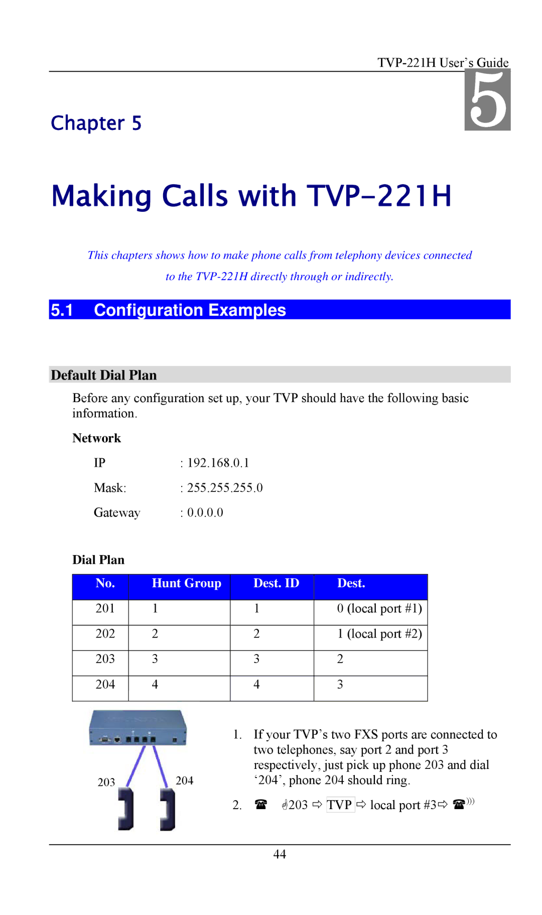 TRENDnet TVP- 221H, VoIP Gateway manual Configuration Examples, Default Dial Plan, Network, Hunt Group Dest. ID 