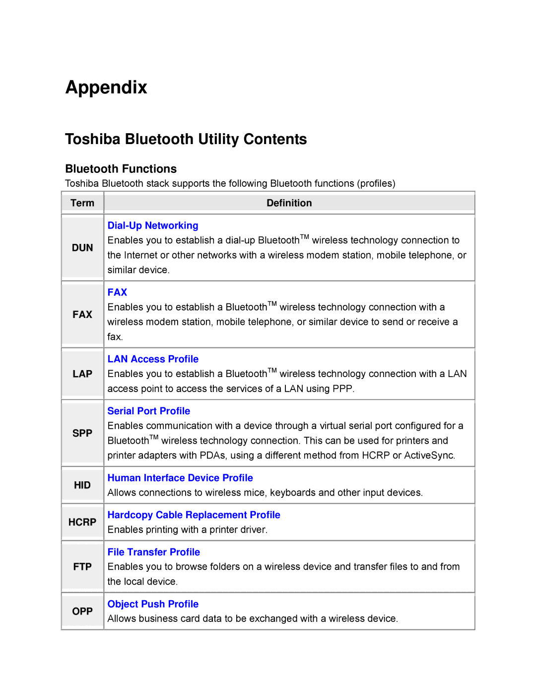 TRENDnet TVP-SP1BK manual Appendix, Toshiba Bluetooth Utility Contents 