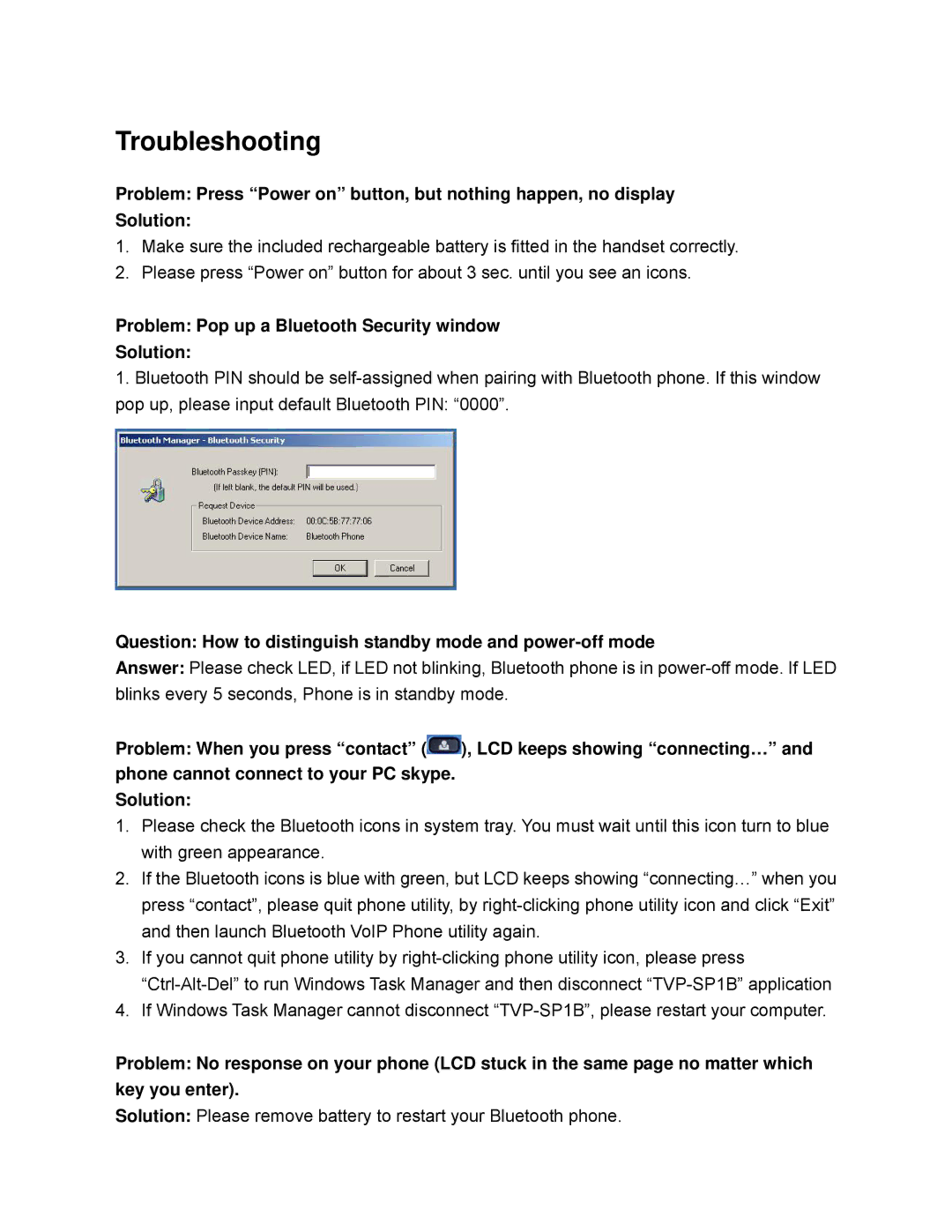 TRENDnet TVP-SP1BK manual Troubleshooting, Problem Pop up a Bluetooth Security window Solution 