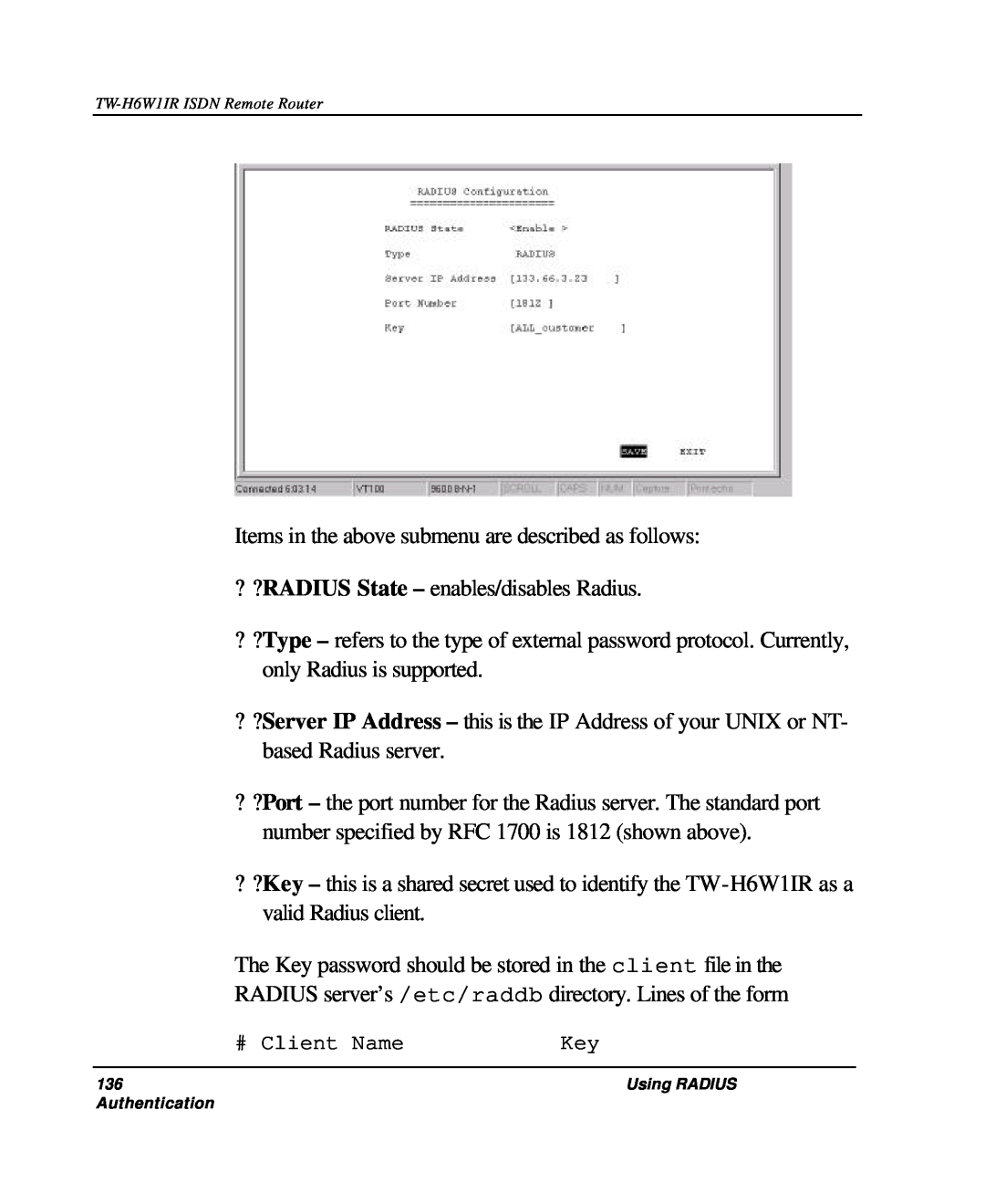 TRENDnet TW-H6W1IR manual # Client Name, Using RADIUS, Authentication 