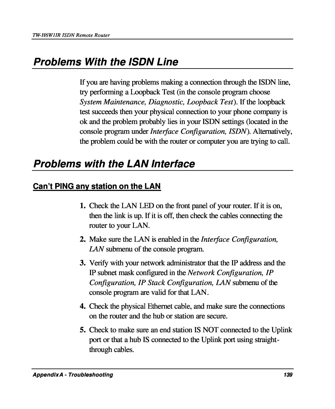 TRENDnet TW-H6W1IR manual Problems With the ISDN Line, Problems with the LAN Interface, Can’t PING any station on the LAN 