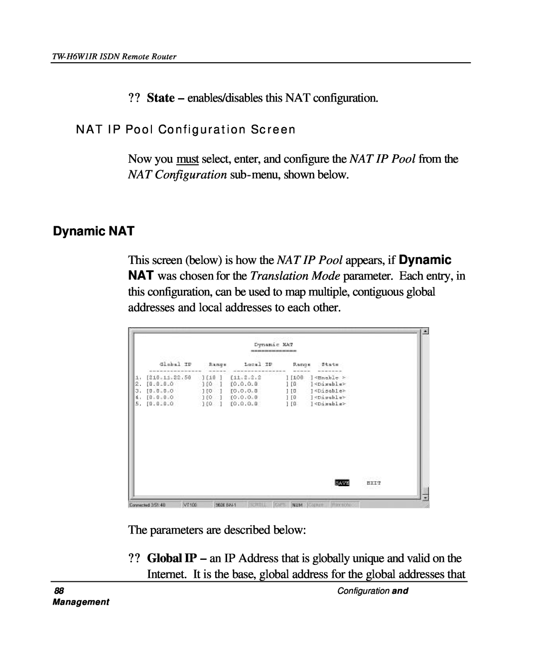 TRENDnet TW-H6W1IR manual Dynamic NAT, NAT IP Pool Configuration Screen 