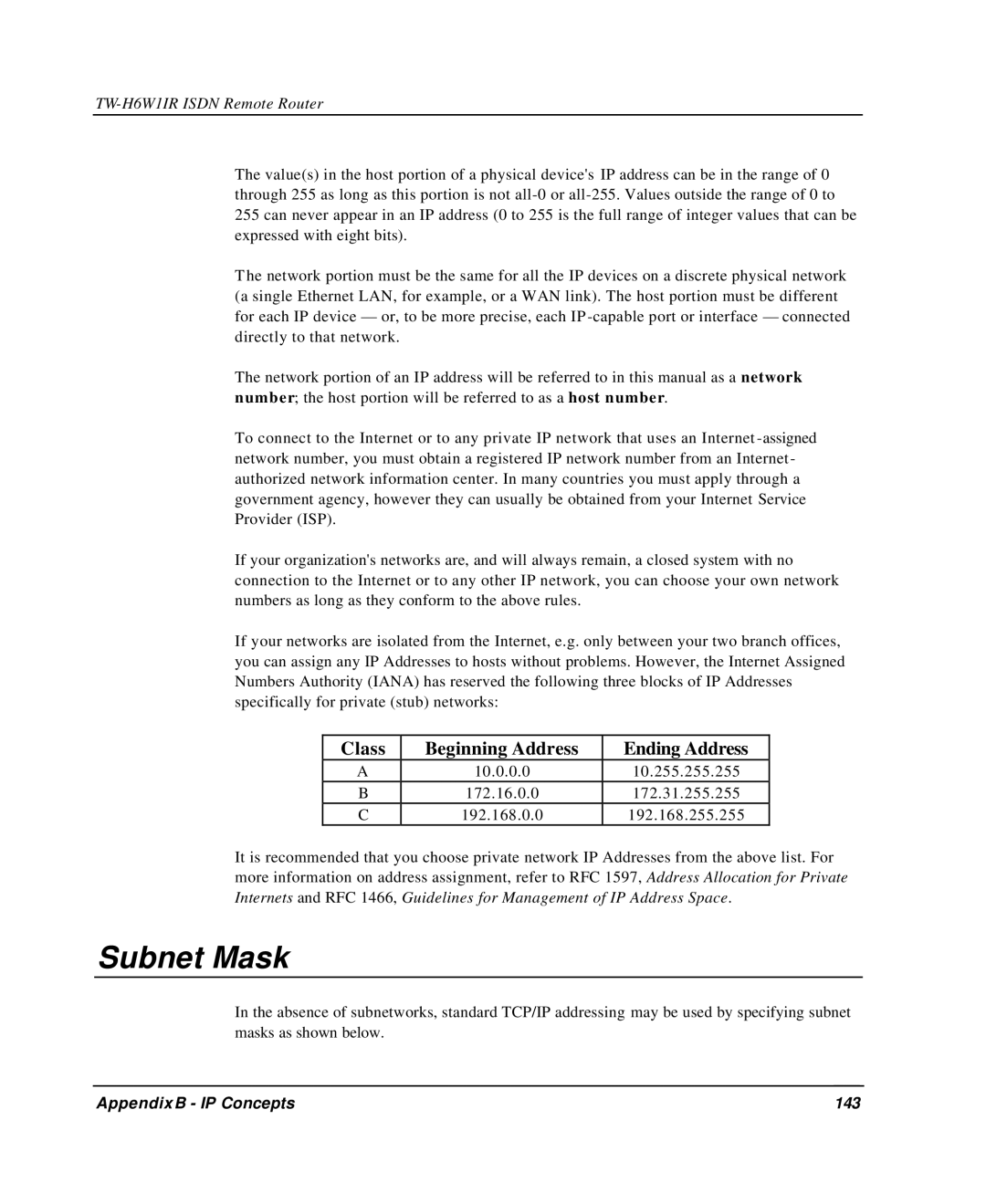 TRENDnet TW-H6W1IR manual Subnet Mask, Appendix B IP Concepts 143 