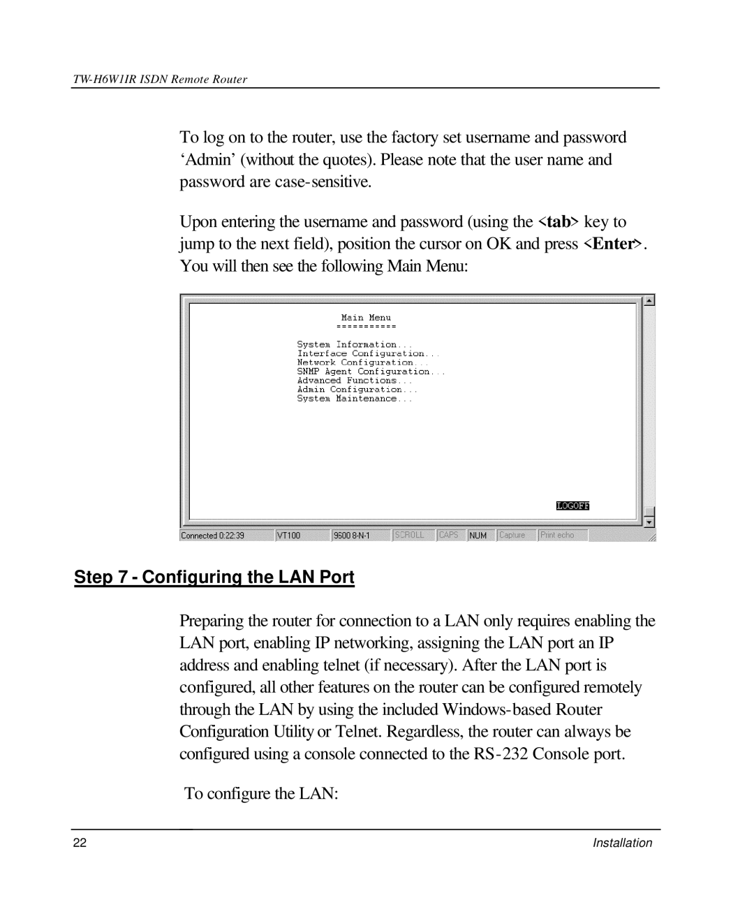 TRENDnet TW-H6W1IR manual Configuring the LAN Port 