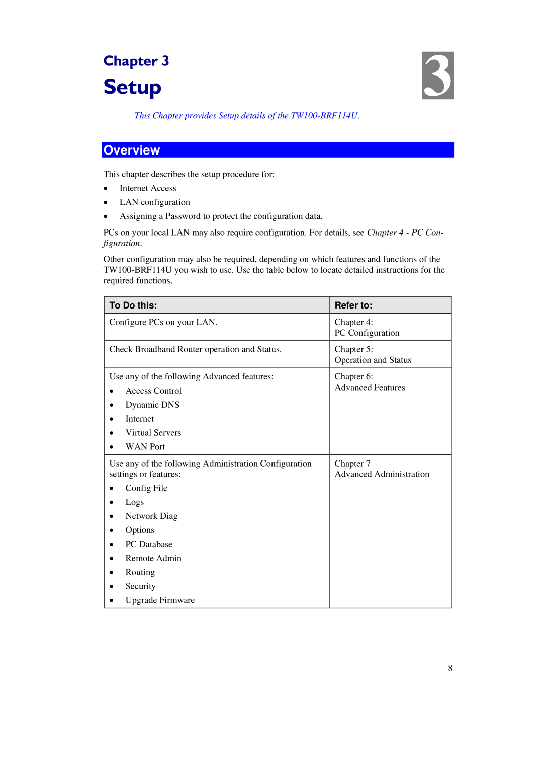 TRENDnet TW100-BRF114U manual Setup, Overview, To Do this Refer to 