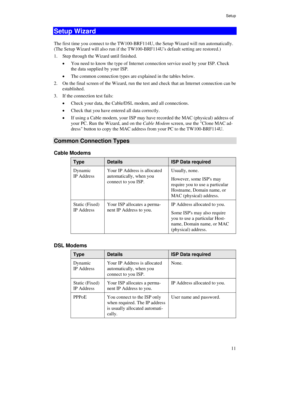 TRENDnet TW100-BRF114U manual Setup Wizard, Common Connection Types, Cable Modems, DSL Modems 