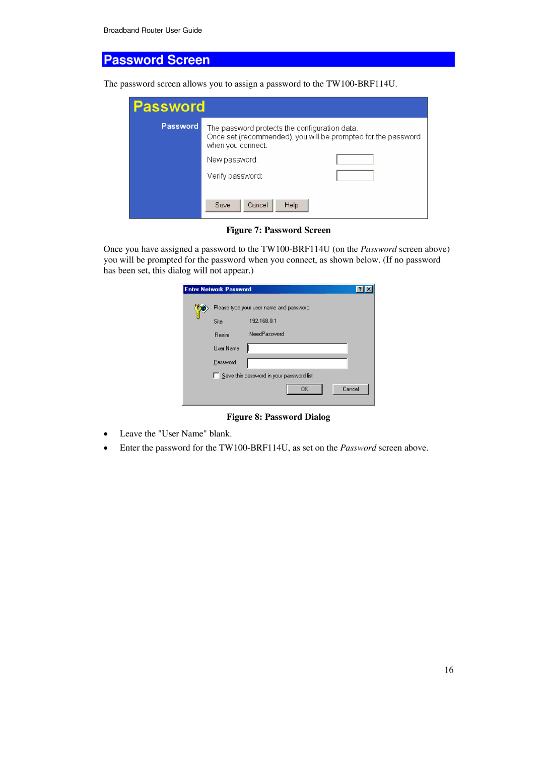 TRENDnet TW100-BRF114U manual Password Screen, Password Dialog 