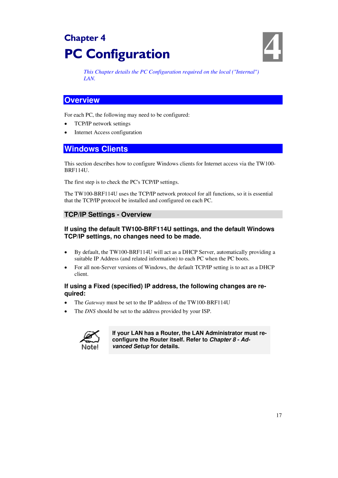 TRENDnet TW100-BRF114U manual PC Configuration, Windows Clients, TCP/IP Settings Overview 