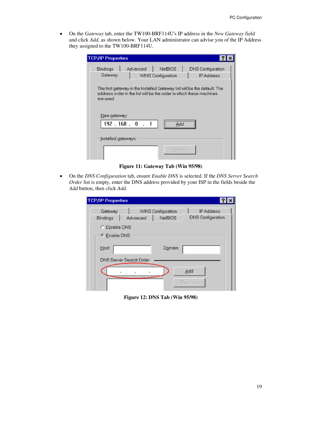 TRENDnet TW100-BRF114U manual Gateway Tab Win 95/98 