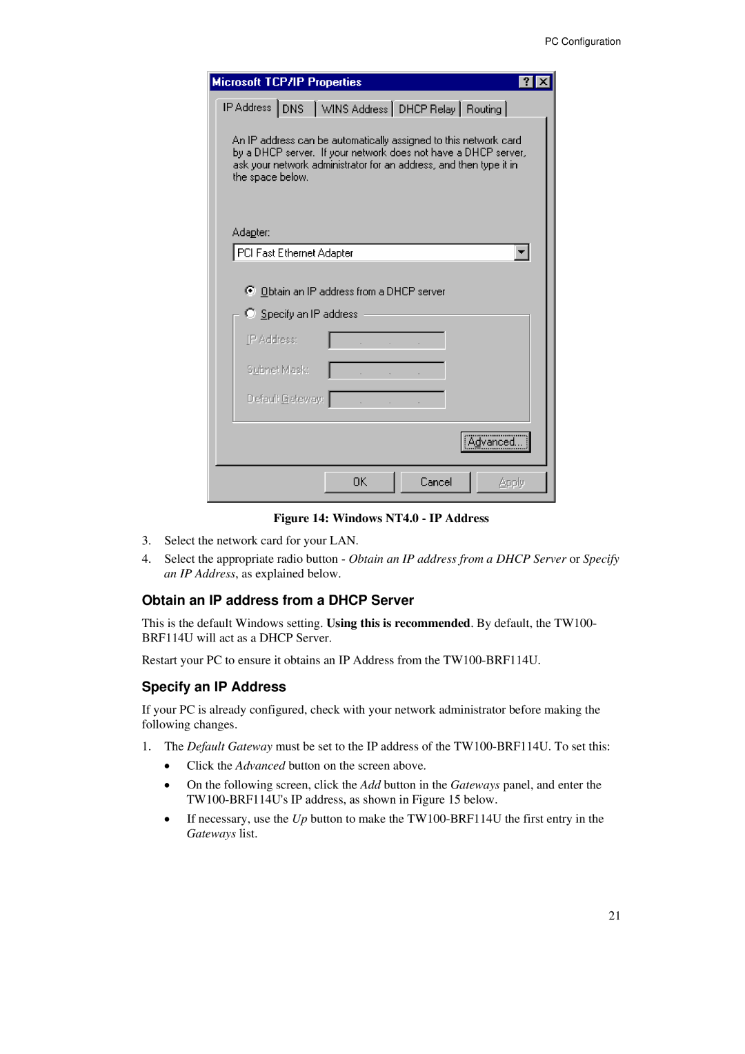 TRENDnet TW100-BRF114U manual Obtain an IP address from a Dhcp Server, Specify an IP Address 