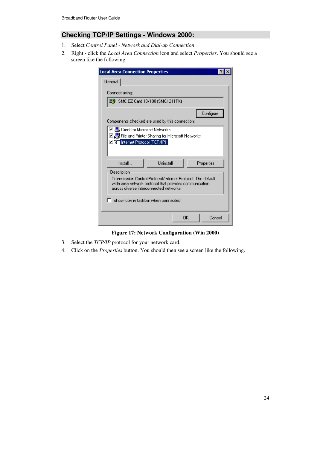 TRENDnet TW100-BRF114U manual Checking TCP/IP Settings Windows, Network Configuration Win 