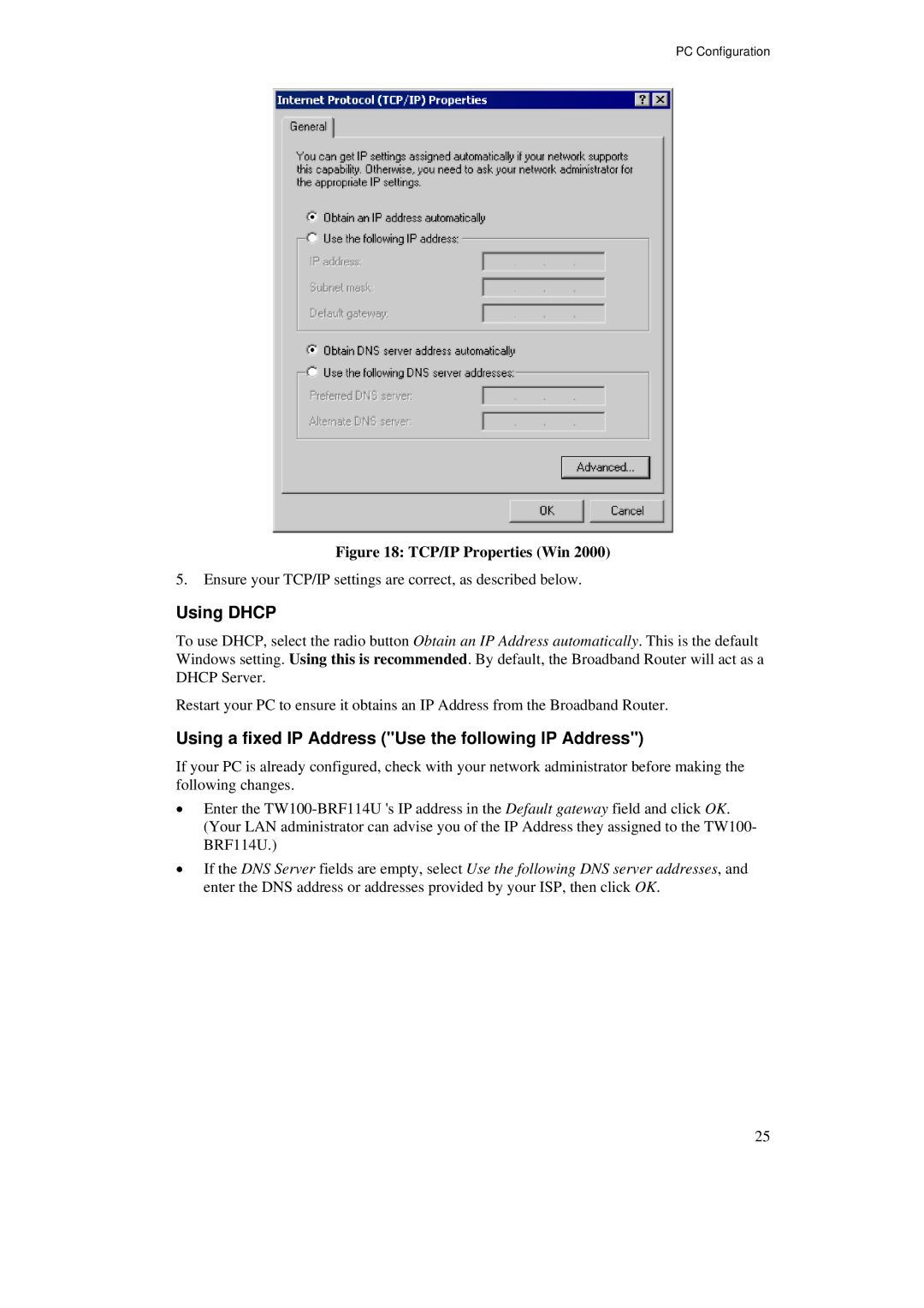 TRENDnet TW100-BRF114U manual Using a fixed IP Address Use the following IP Address, TCP/IP Properties Win 