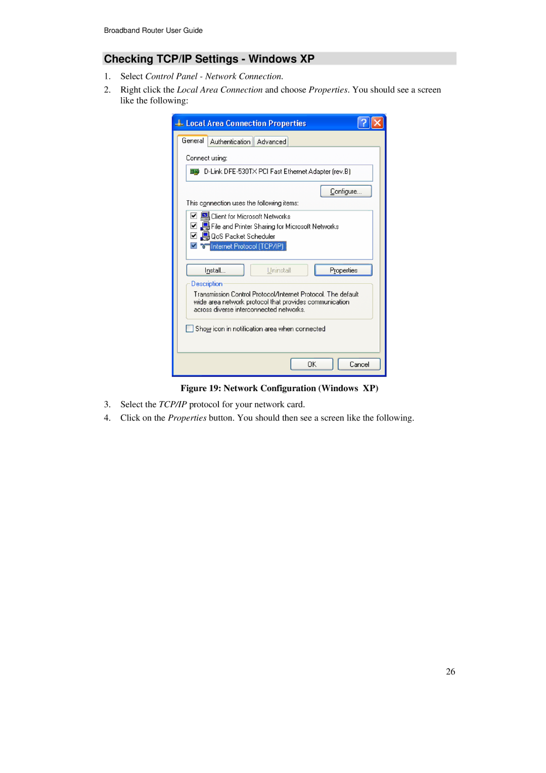 TRENDnet TW100-BRF114U manual Checking TCP/IP Settings Windows XP, Network Configuration Windows XP 