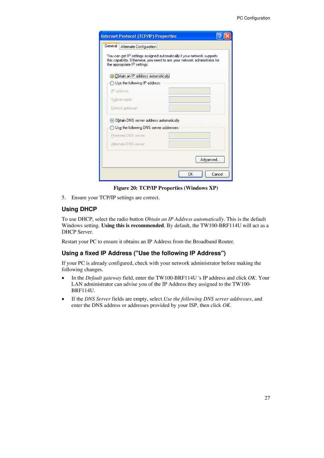 TRENDnet TW100-BRF114U manual TCP/IP Properties Windows XP 