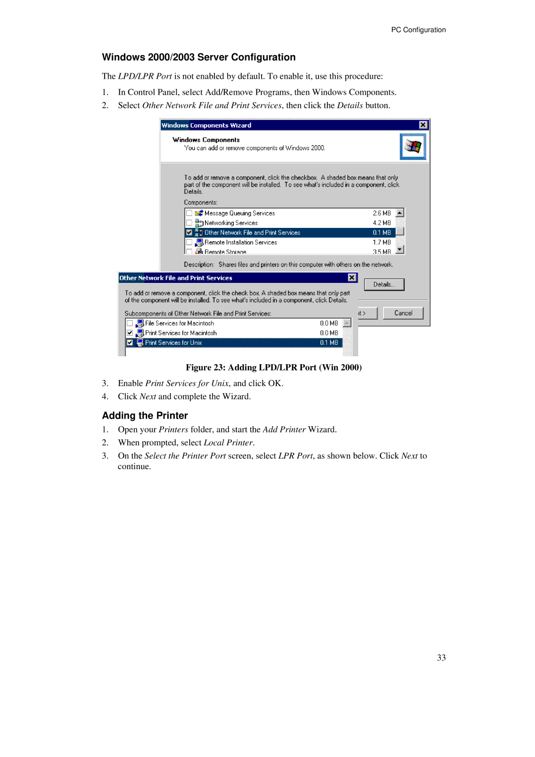 TRENDnet TW100-BRF114U manual Windows 2000/2003 Server Configuration, Adding the Printer 