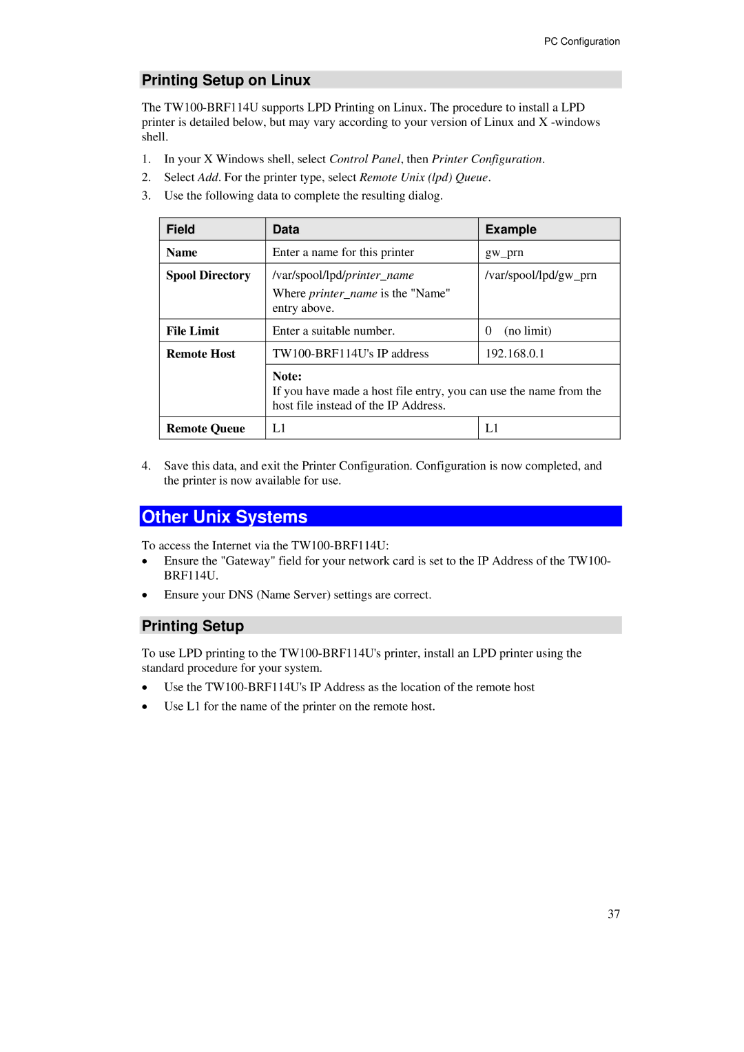 TRENDnet TW100-BRF114U manual Other Unix Systems, Printing Setup on Linux, Field Data Example 