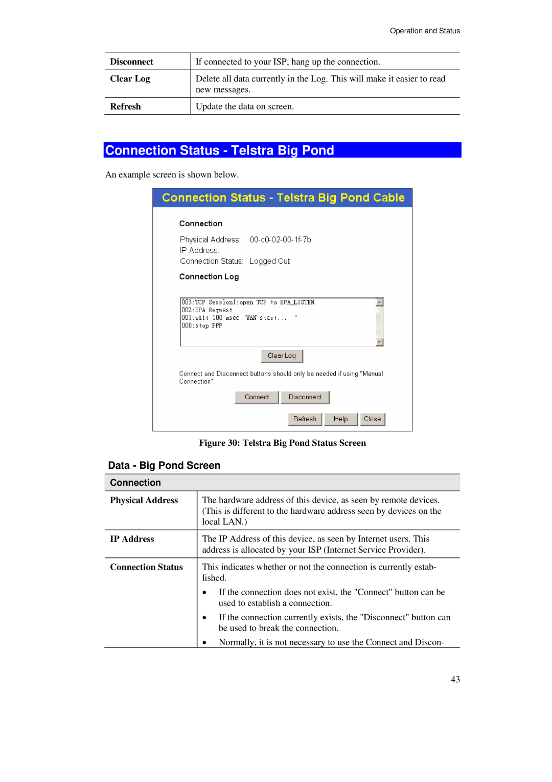 TRENDnet TW100-BRF114U manual Connection Status Telstra Big Pond, Data Big Pond Screen 