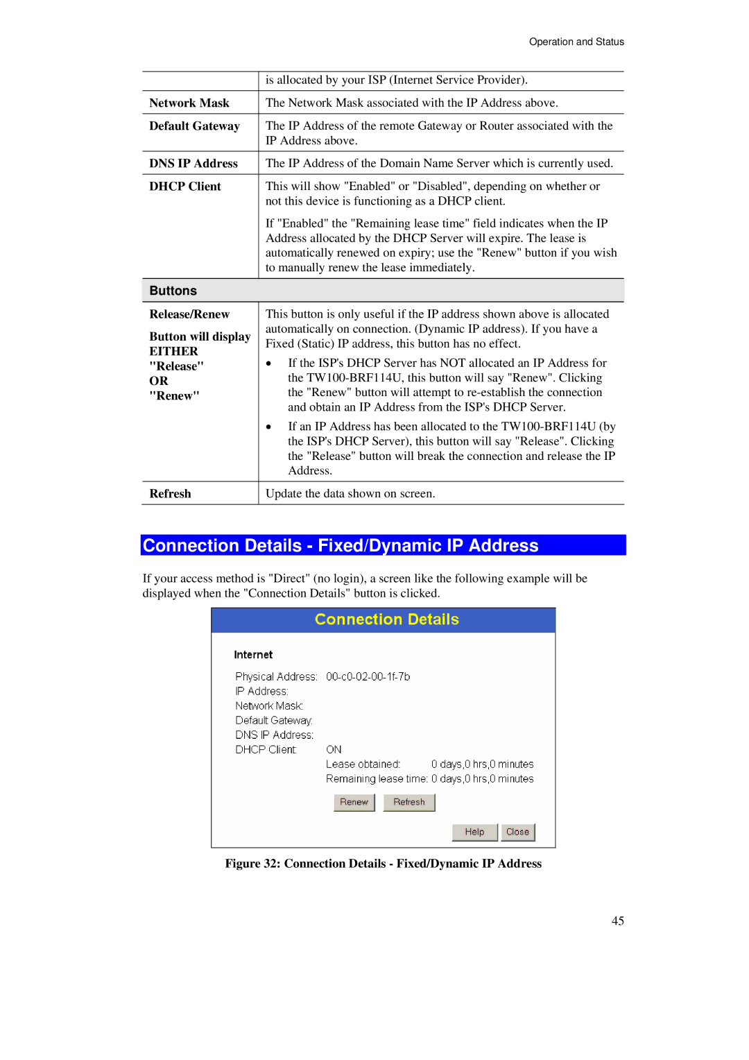 TRENDnet TW100-BRF114U manual Connection Details Fixed/Dynamic IP Address 