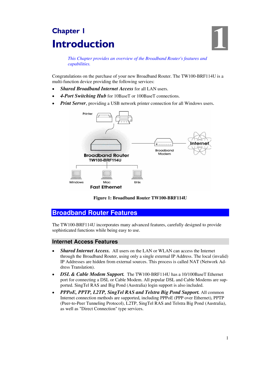 TRENDnet TW100-BRF114U manual Introduction, Broadband Router Features, Internet Access Features 