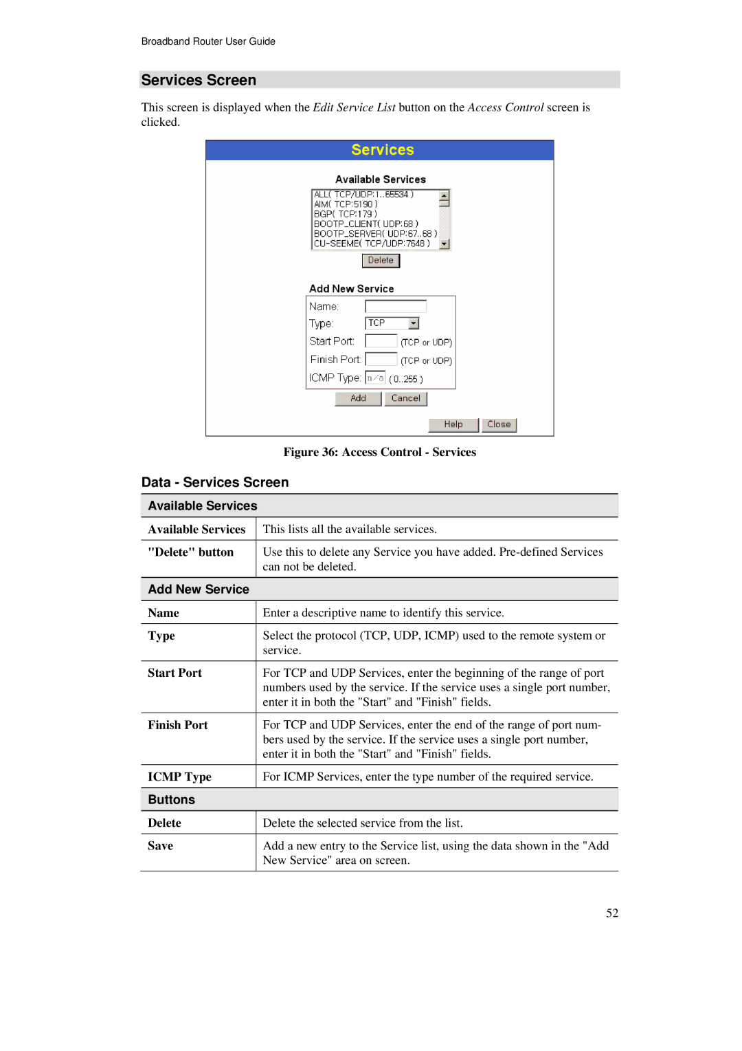 TRENDnet TW100-BRF114U manual Data Services Screen, Available Services, Add New Service 