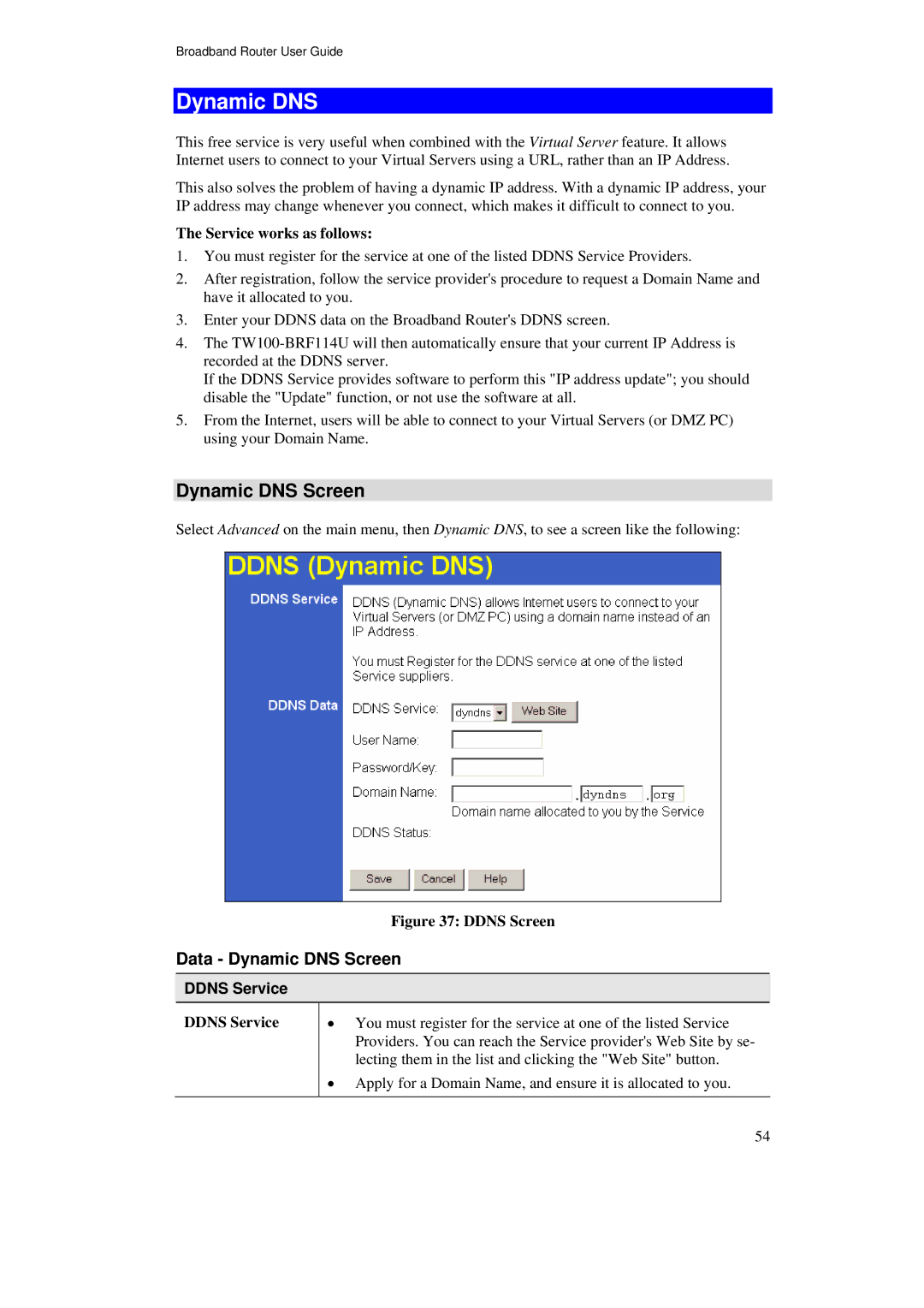 TRENDnet TW100-BRF114U manual Data Dynamic DNS Screen, Ddns Service 