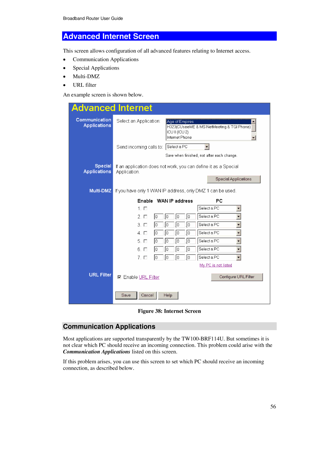 TRENDnet TW100-BRF114U manual Advanced Internet Screen, Communication Applications 