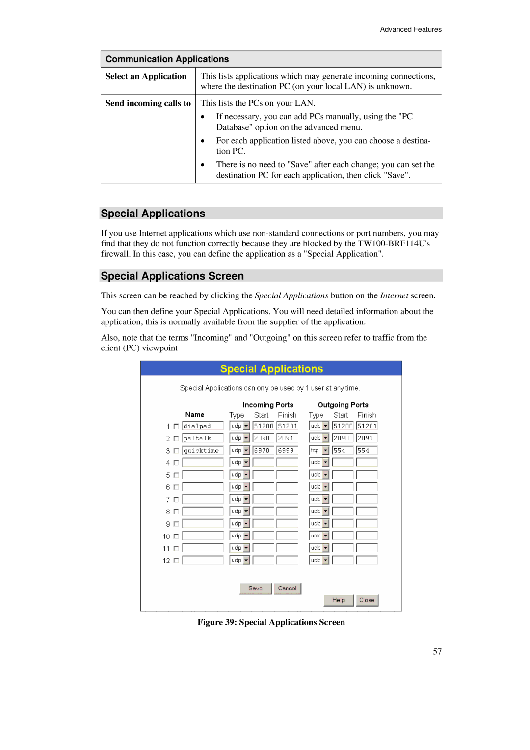 TRENDnet TW100-BRF114U manual Special Applications Screen, Communication Applications 