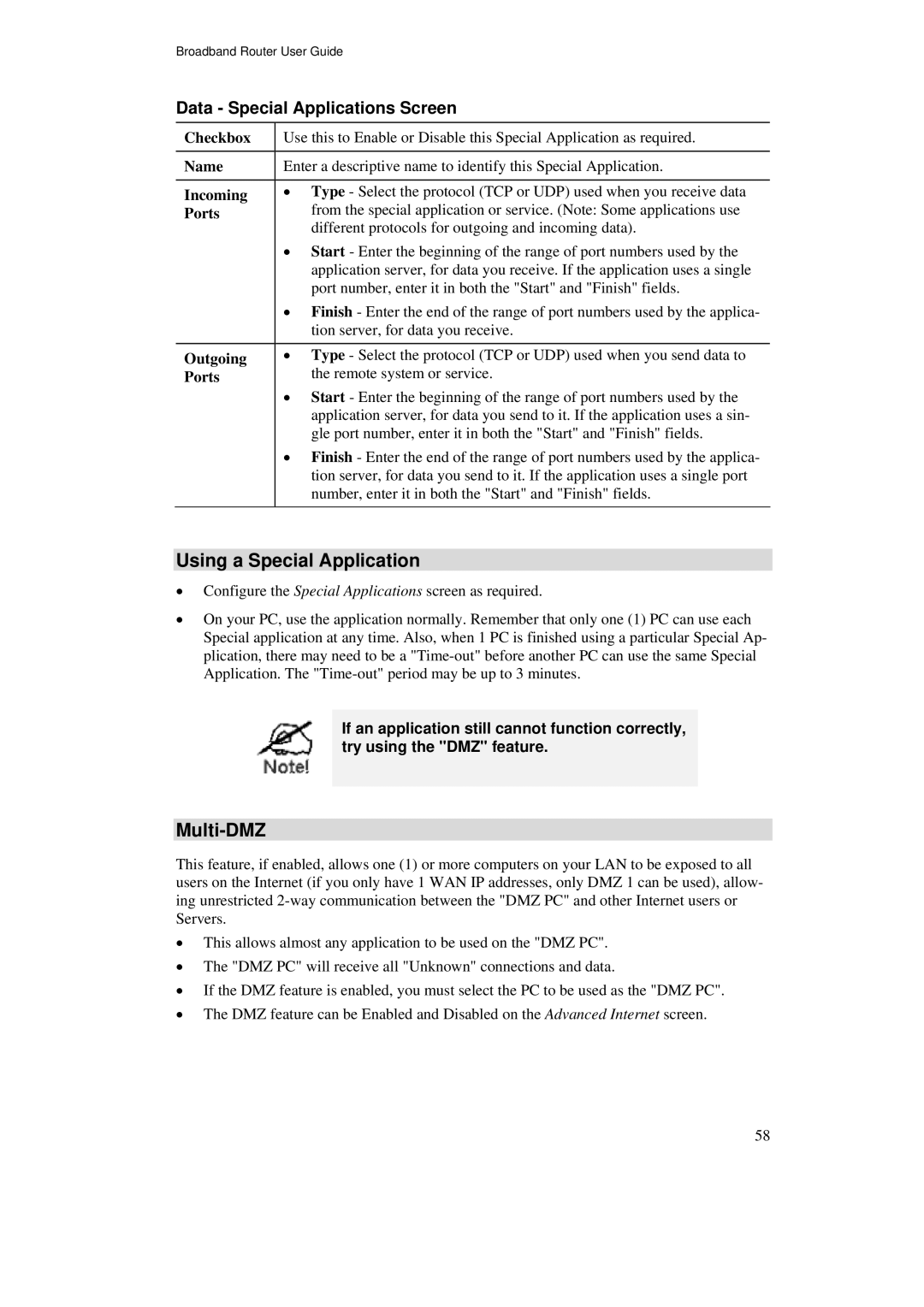 TRENDnet TW100-BRF114U manual Using a Special Application, Multi-DMZ, Data Special Applications Screen 