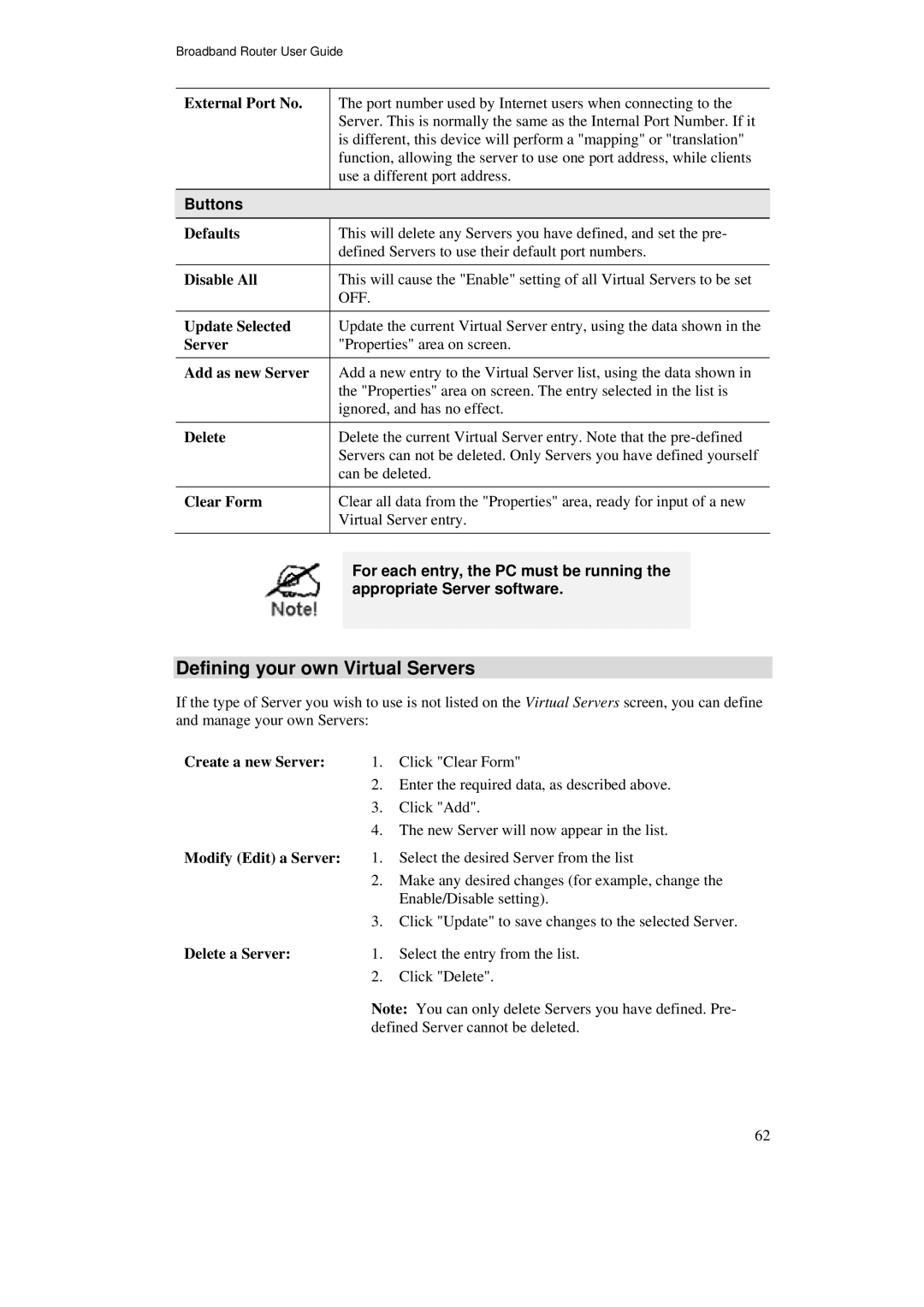 TRENDnet TW100-BRF114U manual Defining your own Virtual Servers, For each entry, the PC must be running 