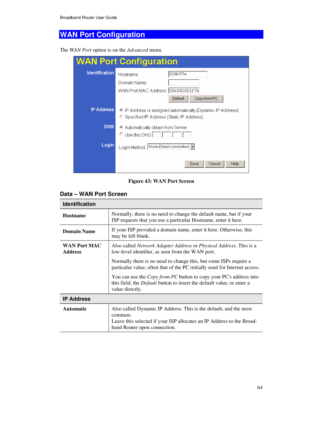 TRENDnet TW100-BRF114U manual WAN Port Configuration, Data WAN Port Screen, Identification, IP Address 