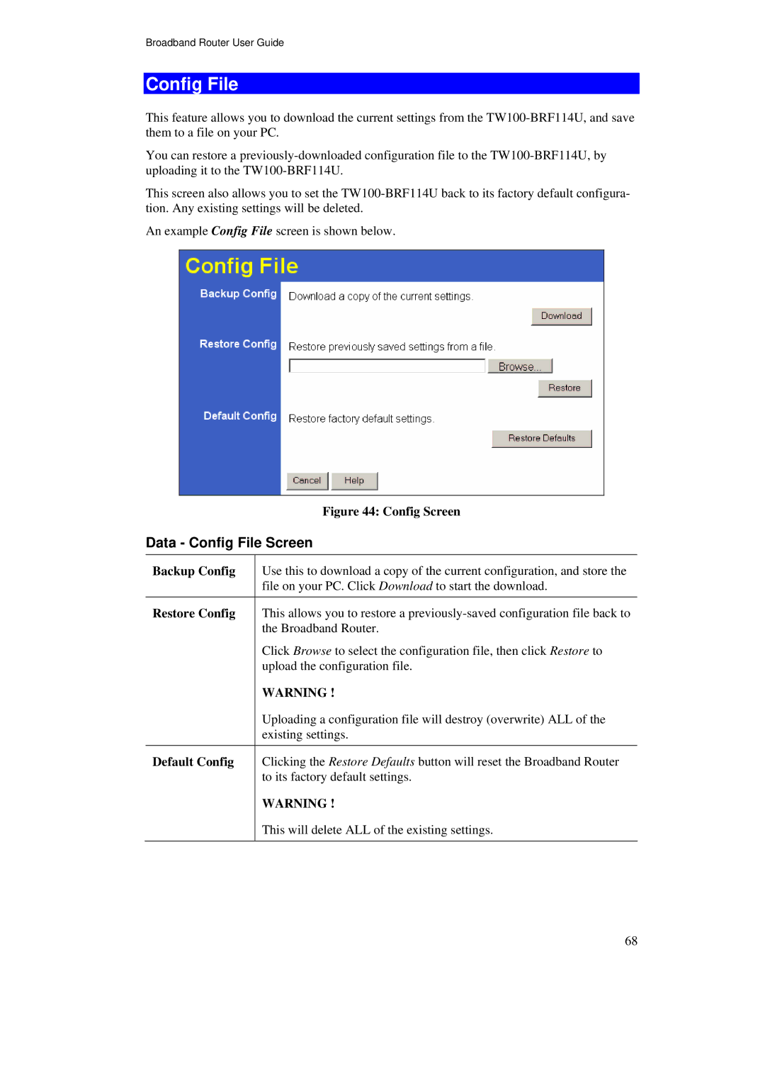 TRENDnet TW100-BRF114U manual Data Config File Screen 