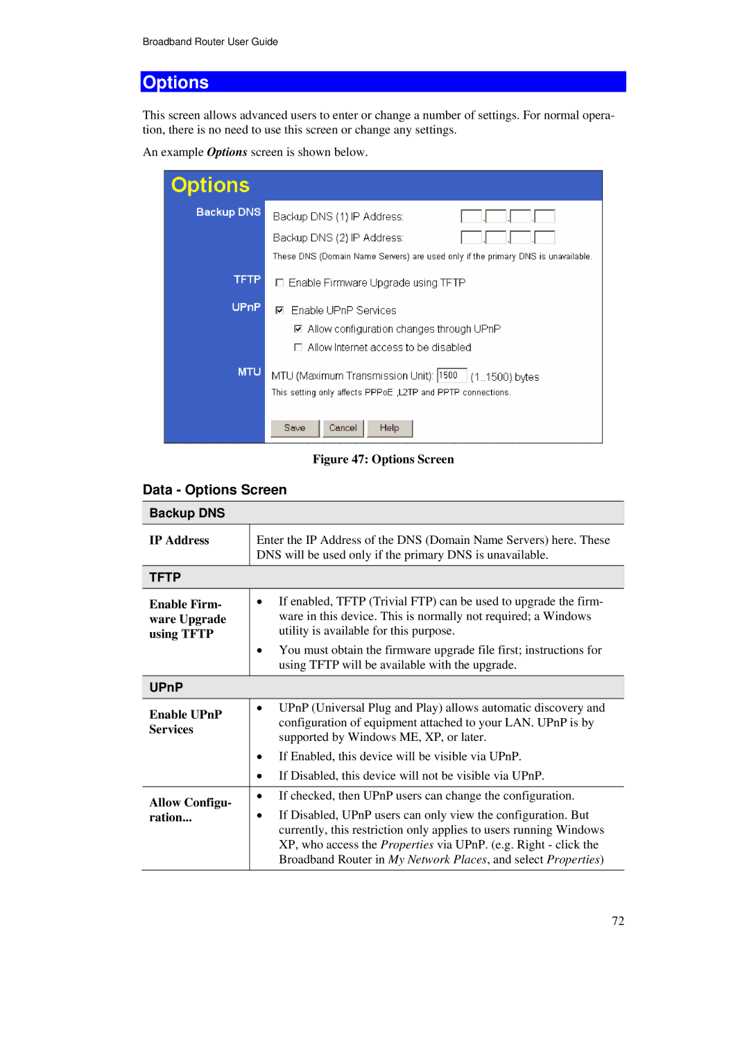 TRENDnet TW100-BRF114U manual Data Options Screen, Backup DNS, UPnP 