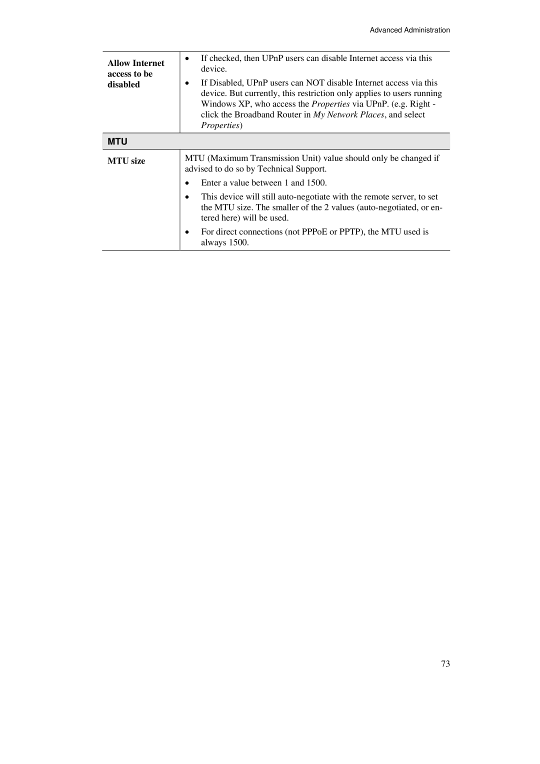 TRENDnet TW100-BRF114U manual Allow Internet access to be disabled, MTU size 