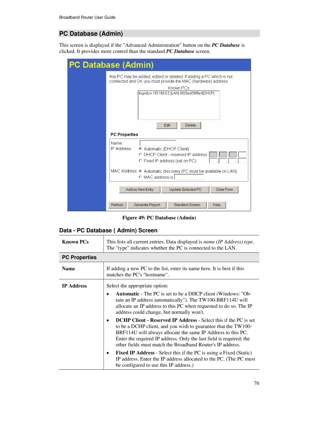 TRENDnet TW100-BRF114U manual Data PC Database Admin Screen, PC Properties 