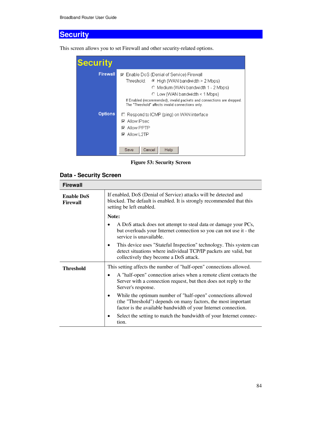 TRENDnet TW100-BRF114U manual Data Security Screen, Enable DoS Firewall Threshold 