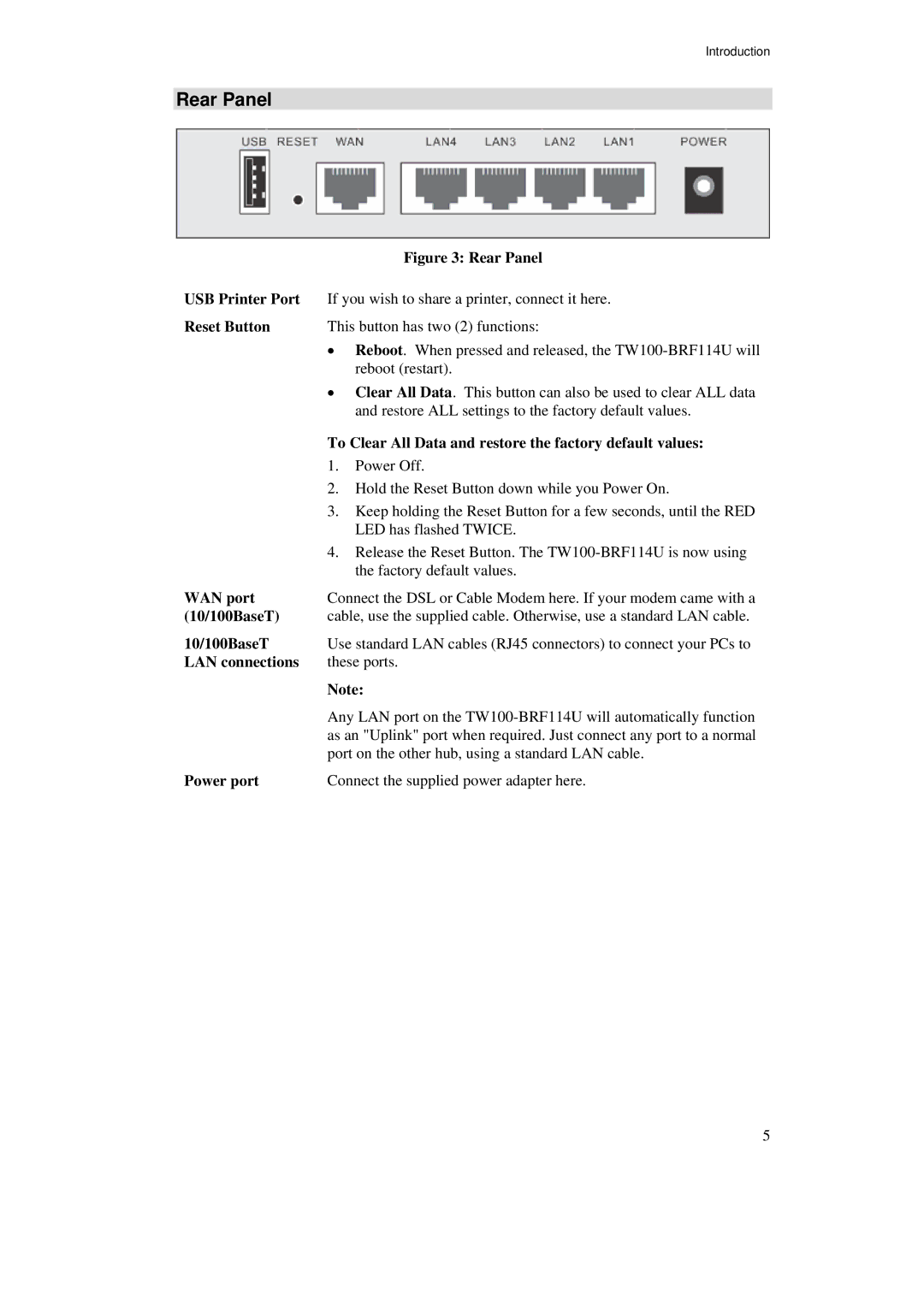 TRENDnet TW100-BRF114U manual Rear Panel 