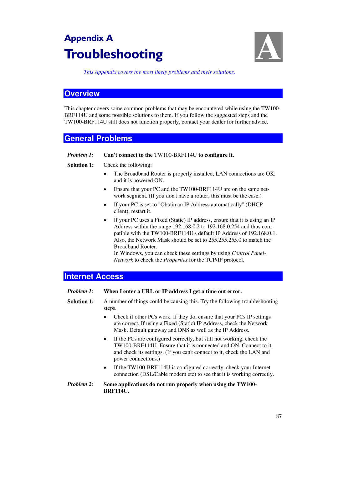 TRENDnet TW100-BRF114U manual Troubleshooting, General Problems, Internet Access 