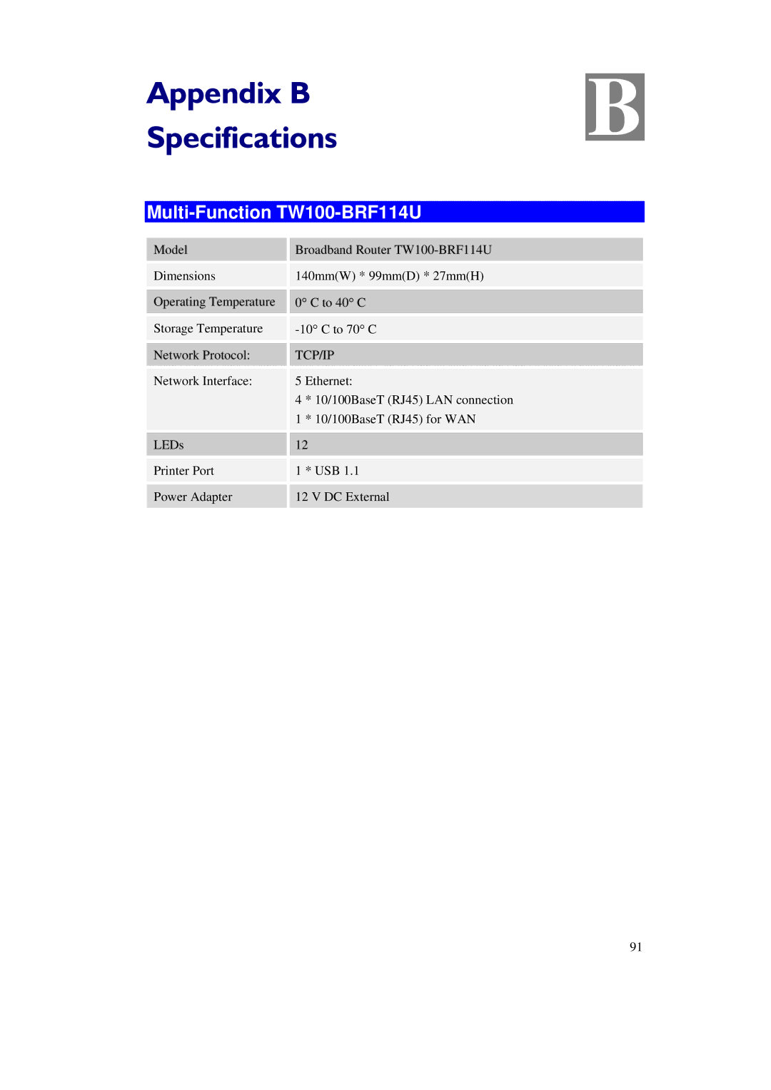 TRENDnet manual Appendix B Specifications, Multi-Function TW100-BRF114U 