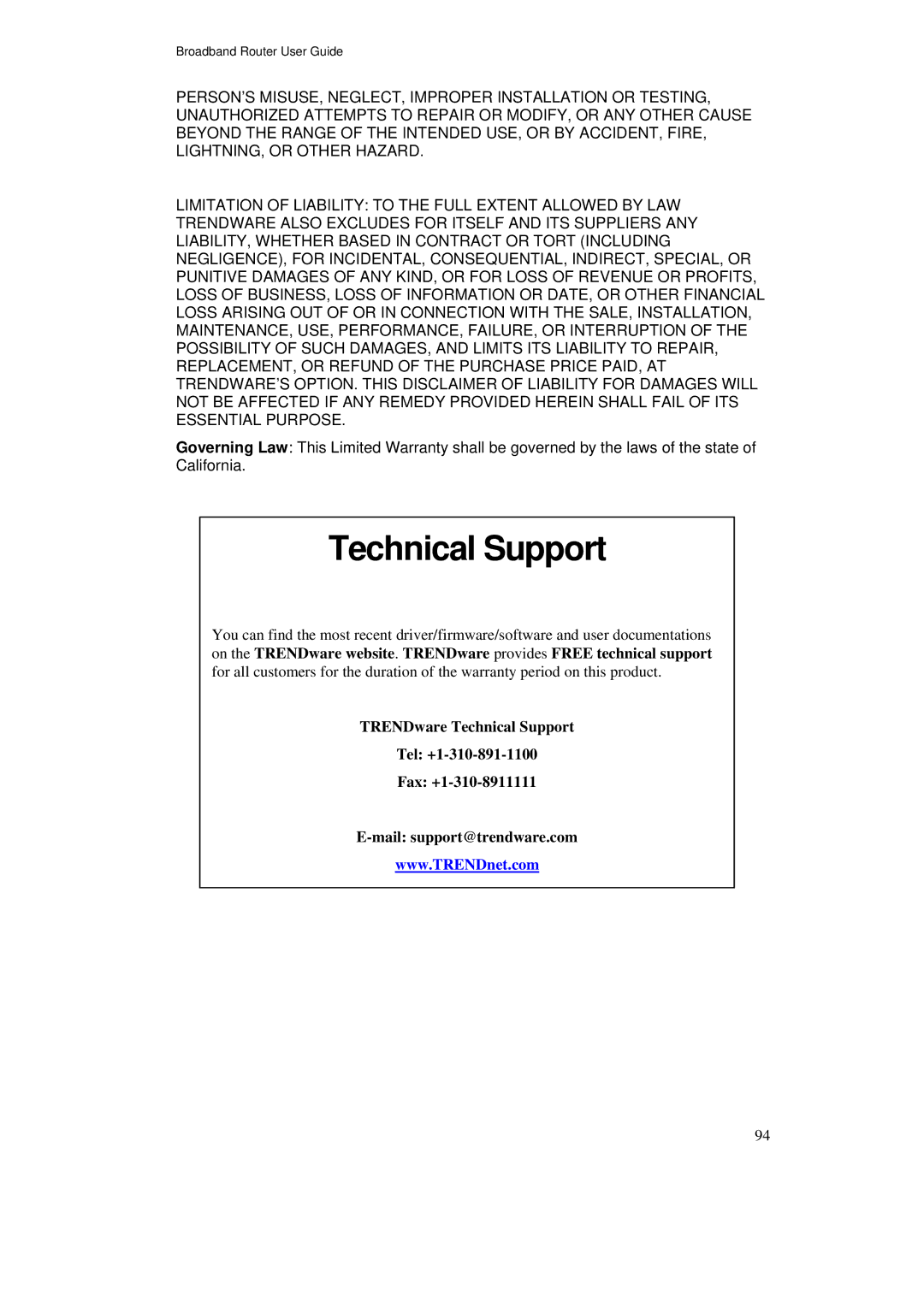 TRENDnet TW100-BRF114U manual Technical Support 