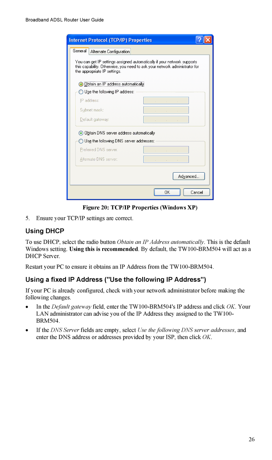 TRENDnet TW100-BRM504 manual TCP/IP Properties Windows XP 